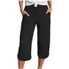 Generico Pantaloni in Lino 3/4 Donna Cotone Estivi Pantaloni a Tre Quarti Gamba Larga Leggeri Comodi Con Tasche Pantalone Cropped Spiaggia Estivi Elastico In Vita Pinocchietti Larghi Curvy Cotone Look Casual