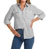 Enmain Camicia Donna Righe in Lino Manica Lunga Camicie con Bottoni in Cotone Classico Casual Bluse Estiva con Colletto a V e Tasche per Ufficio e Lavoro S-2XL
