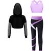 Freebily Tuta da Ginnastica Artistica Bambina 3 Pezzi Hoodie Felpa con Cappuccio + Reggiseno Sportivo Crop Top + Leggings Sportivi Completo Sportivo Allenamento Danza Moderna Lanvanda 5-6 anni