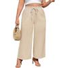 PASUDA Pantaloni Lino Donna Estivi Pantaloni Larghi Taglie Forti Leggeri Elastico Vita Alta con Coulisse Eleganti Casual da Spiaggia Comodi Pantaloni Tinta Unita con Tasche XL-4XL (Kaki Chiaro, XXL)