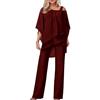 Generic Completo da donna in 2 pezzi, completo da sera da donna, in tulle, camicia in chiffon e pantaloni a vita alta, elegante, vintage, cocktail party, Rosso, XXL