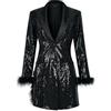 Generisch Blazer, giacca da donna con scollo a V, elegante, con risvolto lucido, con piume, per il tempo libero, per carnevale, feste, club, balli di fine anno, Nero , L