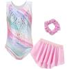 Happy Cherry Bambina Body da Ginnastica Smanicato con Gonna in Tulle + Fascia per Capelli 3 Pezzi Strass Sparkle Costume da Danza Gara Artistica Rosa per Ragazze 5-6 Anni