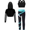 Freebily Tuta da Ginnastica Artistica Bambina 3 Pezzi Hoodie Felpa con Cappuccio + Reggiseno Sportivo Crop Top + Leggings Sportivi Completo Sportivo Allenamento Danza Moderna Blu verde 5-6 anni