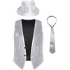 Freebily Gilet con Paillettes da Uomo Paillettes Gilet con Cappello e Cravatta Veste Scintillante Waistcoat Danza Moderna Jazz con 2 Bottoni Abito Elegante Smanicato Argento L