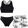 Freebily Costume da Bagno Bambina 3 Pezzi Tankini Mare Crop Top Corto Canotteria + Pantaloncini da Bagno + Mutande Slip Costumi Mare Bikini da Spiaggia Trikini Swimsuit A Cocco Nero 13-14 Anni