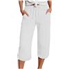 Generico Pantaloni in Lino 3/4 Donna Cotone Estivi Pantaloni a Tre Quarti Gamba Larga Leggeri Comodi Con Tasche Pantalone Cropped Spiaggia Estivi Elastico In Vita Pinocchietti Larghi Curvy Cotone Look Casual