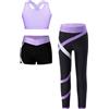 YEAHDOR 3-Set Completo Sportivo Bambina Tuta Ginnastica Artistica Crop Top Reggiseno Sportivo + Pantaloni da Jogging Leggings Sportivi + Pantaloncini Sportwear A Lanvanda 11-12 anni