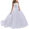 NNJXD Ragazze Pizzo Tulle Ricamato Principessa Abito da Ballo Festa Formale Coda Lunga Abiti 406 Bianco Taglia(130) 6-7 Anni