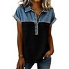 Generic Top in Denim di Cotone per Donna UK a Maniche Corte con Colletto a Lapel Golf a Bottoni Camicie Polo Casual Larghe per Donna, Nero , XL