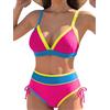 JFAN Costume da Bagno Donna Due Pezzi Push Up Imbottito Reggiseno Sexy Bikini Blocchi di Colore Abiti da Spiaggia Brasiliana Costumi da Bagno Estivi Vita Alta Beachwear,Rosa Rosso e Giallo S