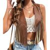 LYSINK Gilet da donna in pelle scamosciata con nappa, stile hippie, senza maniche, aperto sul davanti, con frange, stile western, 01Marrone, M