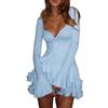Generico Vestito Donna Elegante Manica a Campana - Vestiti Donna Scollo a V Tinte Unite, Abiti Corto Vintage Moda - Dress for Women Slim Fit Affascinante Adatto per La Primavera Blu L