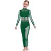 Agoky Tuta Intera da Pattinaggio Artistico Bambina Maniche Lunghe con Strass Body Danza Classica Balletto in Rete Trasparente Leotard da Ginnastica Yoga Jumpsuit A Verde 11-12 anni