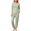 Sykooria Pigiama Donna Invernale Pigiama Donna Cotone Leggero Pigiama Lungo Donna Caldo Pantaloni Lunghi Casual con Tasca e Top con Motivo a Carino Due Pezzi Verde M