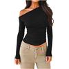 Generisch Maglietta da donna con collo obliquo spalle scoperte maniche lunghe maglione estivo giacca in maglia donna alta qualità abbigliamento di design piccante giacca in maglia da donna, Nero , L