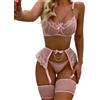 Aranmei Lingerie Sexy da Donna 4 Pezzi Set Esotico Strappy Lingerie con Reggicalze in Pizzo con Ferretto Reggiseno e Slip Set