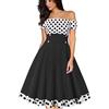 AXOE Donna Vestito Vintage Anni 50 Rockabilly Abito Senza Spalline con Scollo Elasticizzato Maniche Corte Estivo Festa da Cocktail Pois Nero e Bianco, Taglie 40, XS