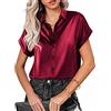 xxxiticat Camicia da donna in seta, a maniche corte, con scollo a V, elegante, casual, slim fit, tinta unita, rosso vivo, S