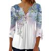 Yeenily Camicia Elegante Donna a Manica Scollo a V T-Shirt a 3/4 Lunga Top Bluse Maglietta Stampato Basic Tee(Fiore Blu,XL)