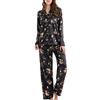 Sanraflic Pigiama da donna in raso, maniche e pantaloni lunghi Fiori neri. XL