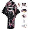KRUIHAN Completo Yukata Kimono Donna Giapponese in Raso Setoso, 8 Pezzi in Scatola Regalo - Costume Geisha Elegante Motivo di Pavone Nero, Abito Cosplay Anime per Carnevale, Feste, Festival, Fotografia