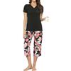 TeJoyce Pigiama Donna Estivo Corto, Pigiami 2 Pezzi in Cotone, Set Maglietta con Scollo a V e Maniche Corte e Pantaloni 3/4 a Fiori, Abbigliamento Notte Donna Leggero e Fresco per Casa (Nero, XXL)