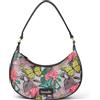 Braccialini Jacquard Borsa a spalla dalla forma tondeggiante realizzata in materiale sintetico e tessuto. Sullo sfondo grigio spiccano le grandi farfalle gialle e rosa e i fiori.