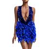 Generisch Abito lungo da donna con scollo a V profondo e schiena scoperta, con paillettes e finiture in piuma, elegante abito da sera per spettacoli eccezionali, 200#_blu, S