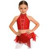 renvena Vestito da Ballo Latino Americano Bambina Strass Crop Top Danza Classica Moterna Canotta e Gonna con Piume Abito da Ballo Lirico Contemporaneo Rosso 13-14 Anni