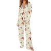 Generic Set pigiama natalizio da donna in seta satinata, con camicia con bottoni e pantaloni a gamba larga, 2 pezzi, abiti natalizi morbidi e confortevoli, da donna, Beige, XXL