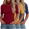 Ficerd - Confezione da 3 Magliette Casual Estive Basiche da Donna con Collo Alto a Maniche Lunghe e Mezza Manica(S,Rosso giuggiola, Giallo Oro, Blu Scuro)