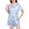 Vlazom Pigiama Corto Donna in Satin Pigiami Due Pezzi Righe Bottoni Scollo a V Orlo a Volant，Azzurro Chiaro a Righe，S
