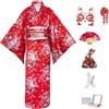 KRUIHAN Completo Yukata Kimono Donna Giapponese in Raso Setoso, 8 Pezzi in Scatola Regalo - Costume Geisha Elegante Motivo Pavone o Sakura, Abito Cosplay Anime per Carnevale, Feste, Festival, Fotografia