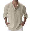 Generico Camicia Uomo Elegante, Camicia Lino Uomo Estiva Elegante Manica Lunga Henley Shirts Cotone Slim Fit Camicie da Spiaggia Casual con Bottoni