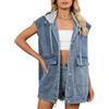 Generisch Gilet Jeans Oversize Donna Senza Maniche Collo a Revers Medio Giacca Ampia con Bottoni e Cappuccio Staccabile