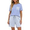PrinStory Pigiama corto da donna, a maniche corte, con scollo rotondo, estivo, abbigliamento da notte morbido, Strisce azzurre., M