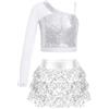 Freebily Abito da Danza Moderna Bambina Paillettes Crop Top Danza Jazz Monospalla Top Minigonna Pantaloncini con Volant Culottes Abito da Pattinaggio Costume da Ballo Latino Argento 11-12 Anni