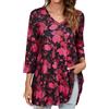 Enmain Maglietta a Maniche Lunghe con V da Donna Tunica Donna Manica Lunga 3/4 Taglie Larga Floreale Longline Camicia per Leggings Elegante Comfort Noire&Rouge, 4XL