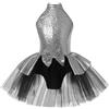 Raenseen Ragazza Paillettes Abito Pattinaggio Artistico Abiti da Danza Collo Tondo Scintillante tutù in Rete Abbigliamento Danza Body da con Gonna tutù Argento 11-12 Anni