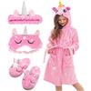 Piefry Bambina Accappatoio Morbido Unicorno Vestaglie con Cappuccio per Bambine con Unicorno Pantofole, Benda e Fascia - Regali per Ragazze (Stelle Rosa, 10-11 anni)