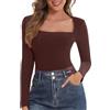 SHAPERIN Maglia Donna Manica Lunga Collo Quadrato Maglietta Sexy Top T-Shirt Slim Fit vestibilità Classica Marrone 2# Small
