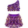 Raenseen Vestito da Balletto Ballo Bambina Latino Tango Paillettes Crop Top Canotta + Gonna di Danza Culottes Vestito da Pattinaggio Jazz Samba Rumba Salsa Viola 7-8 Anni