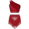 CHICTRY 2 Pezzi Donna Abito da Pattinaggio Artistico Strass Tuta da Ginnastica Monospalla Crop Top con Gonna di Danza Classica Vestito da Ballo Lirico