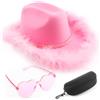 DRESHOW Cappello da Cowboy Donna con Piume Soffici Cappello da Cowgirl con Cuore Occhiali da Sole Set Cappelli da Cowboy in Feltro Occidentale per Cowgirl Costume di Halloween Compleanno e Addio al