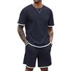 COOFANDY Set da uomo composto da camicia e pantaloncini a nido d'ape, 2 pezzi, casual, estivi, con tasche, Blu navy, Large