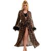 ohyeahlady Accappatoio Donna Leopardato in Tulle Taglie Forti Kimono con Piume Cardigan Lungo con Scollo a V Costume da Bagno Dress Cover Up Bikini Pigiama Vestaglia Lingerie Curvy Leopardato,XL