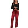 Yukiuiny Donna Pigiami Due Pezzi per Primavera Autunno: Maglia Collo V e Maniche Lunghe + Pantaloni a Quadri-Collo V/Nero Rosso/XXL