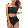 SHEKINI Costume da Bagno da Donna Shirred Bandeau Bikini in Vita Alta Senza Spalline Due Pezzi(M,Nero)