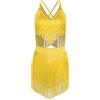 Agoky 2 Pezzi Abito da Ballo Latino per Donna Top Senza Maniche con Strass e Gonna con Nappe Vestito Danza Moderna Standard Abito da Ballo Salsa Cha Cha Giallo S